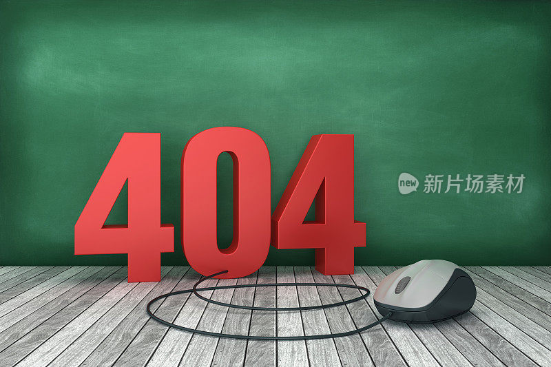 3D Word 404与计算机鼠标在黑板上的背景- 3D渲染